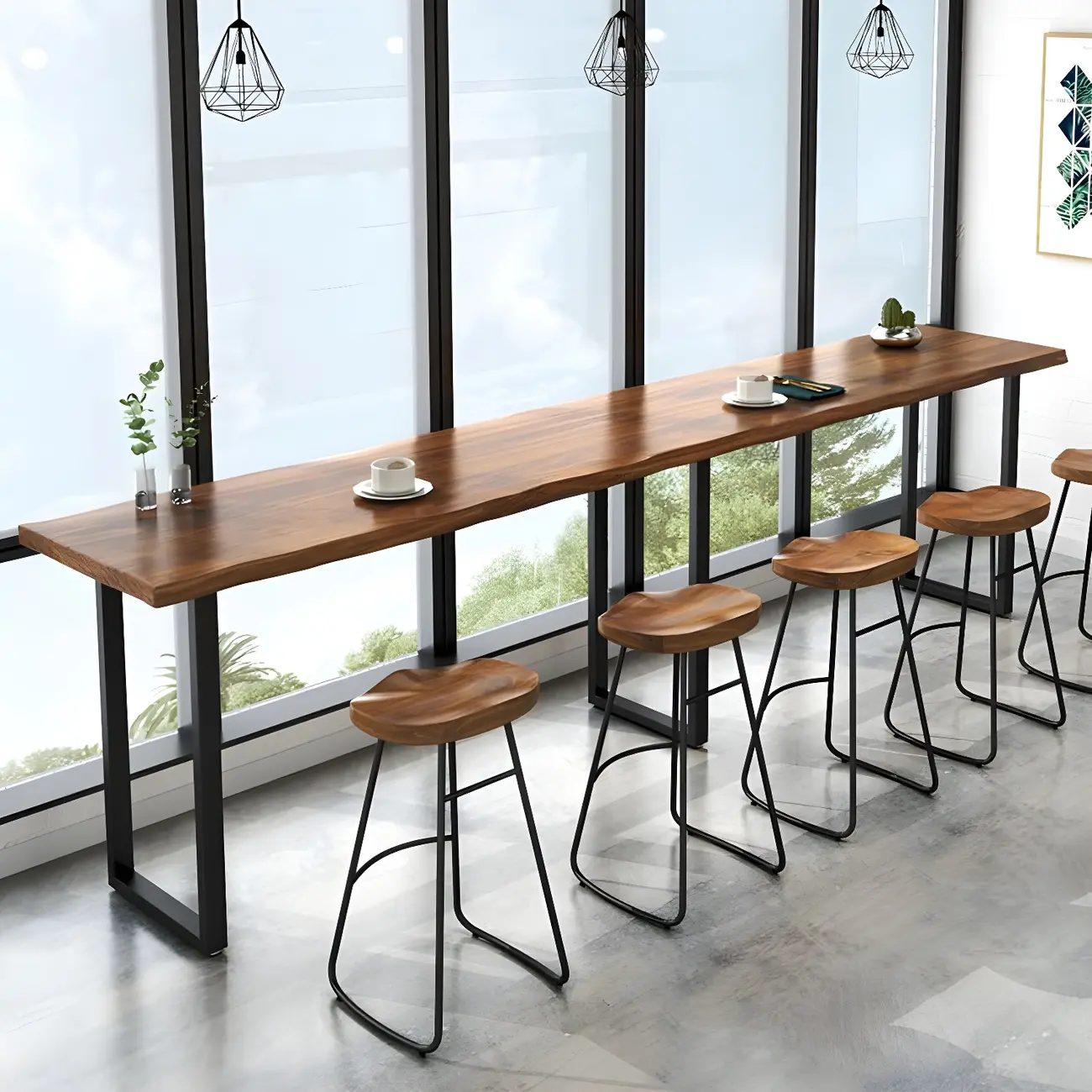 Pine Wood Rectangular Metal Base Bar Table Brown