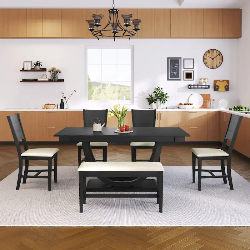 6-Piece Wooden Dining Table Set with Rectangular Table & 4 Chairs