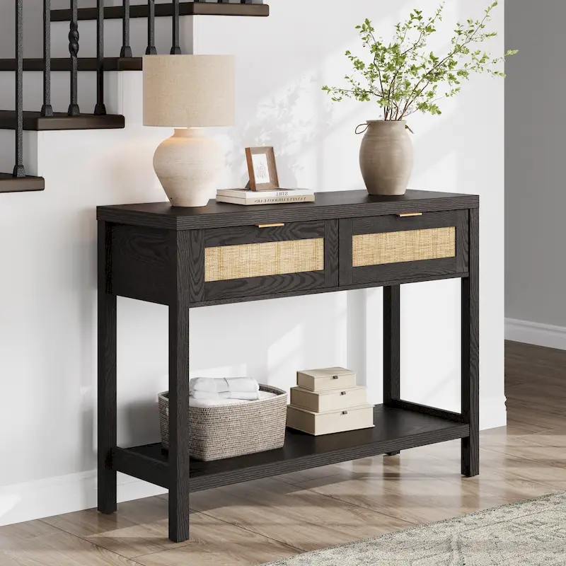 SICOTAS Rattan Console Table with 2 Drawers and Shelves - 30 x 39.4 x 13.8