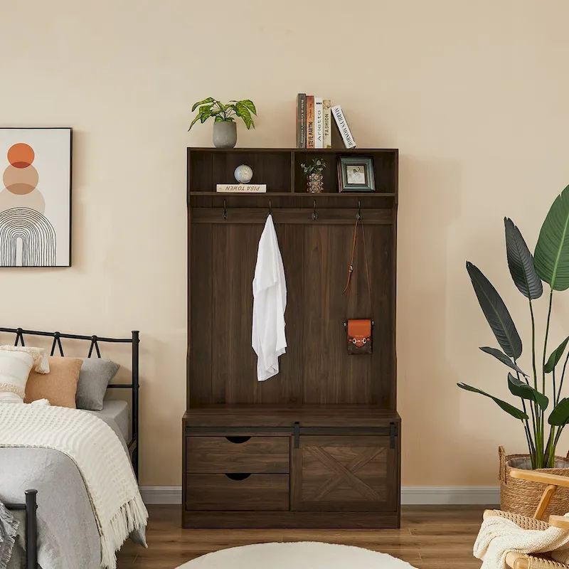 Hall Tree with Coat Rack, Bench, Drawers