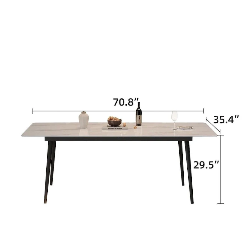70.8 inch rectangular white kitchen dining table, with a sintered stone marble tabletop, metal legs