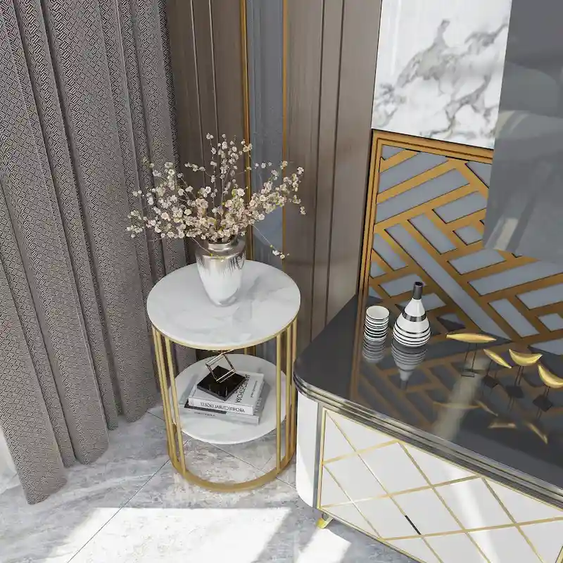 End Table 2-Tier Round Side Accent Table with Sintered Stone Tabletop - 15.7x15.7x21.3 inch