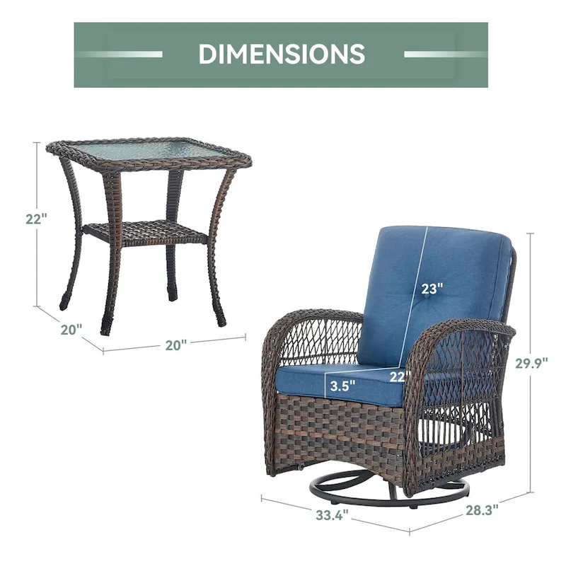 3 Pieces Patio Swivel Chair Gliders Rocker Chair - Brown