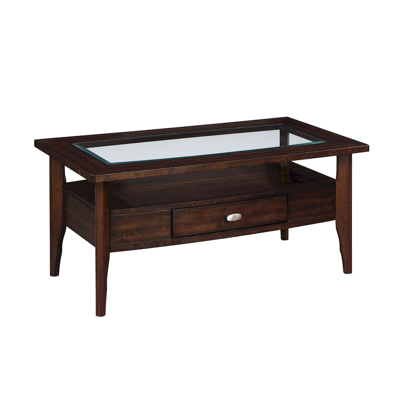 Genoas Traditional Walnut Glass 2-Piece Coffee Table Set with Drawer by Furniture of America