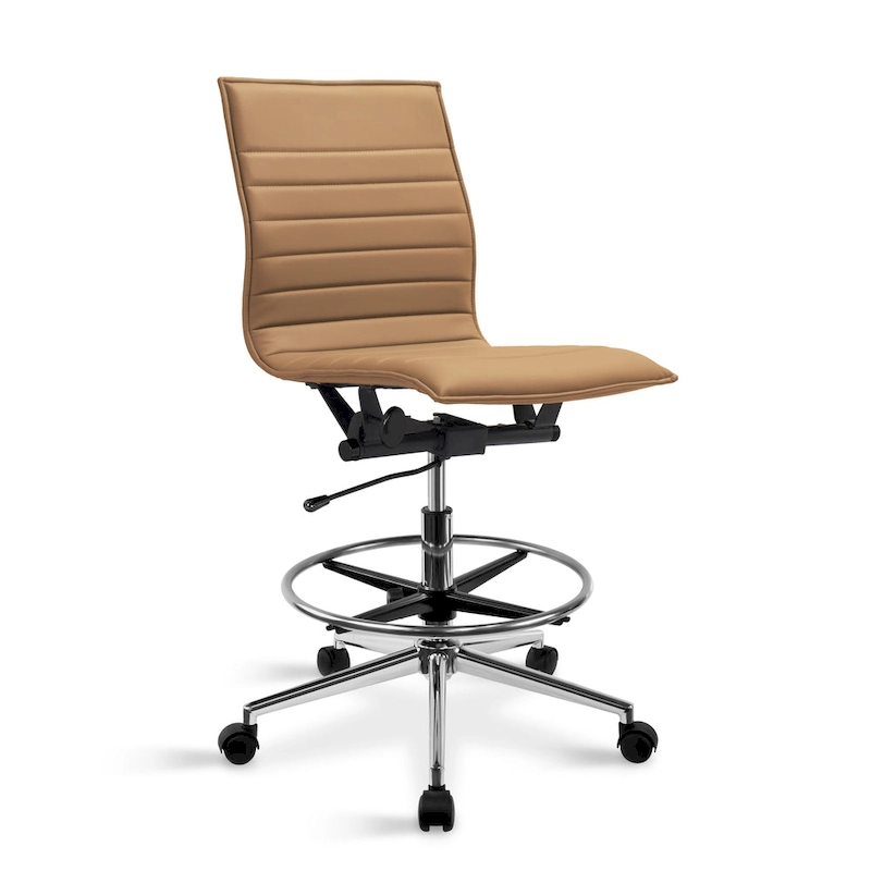 Modern Drafting Chair Upholstered PU Leather Ribbed Armless Mid Back with Tall Adjustable Base & Leg Rest