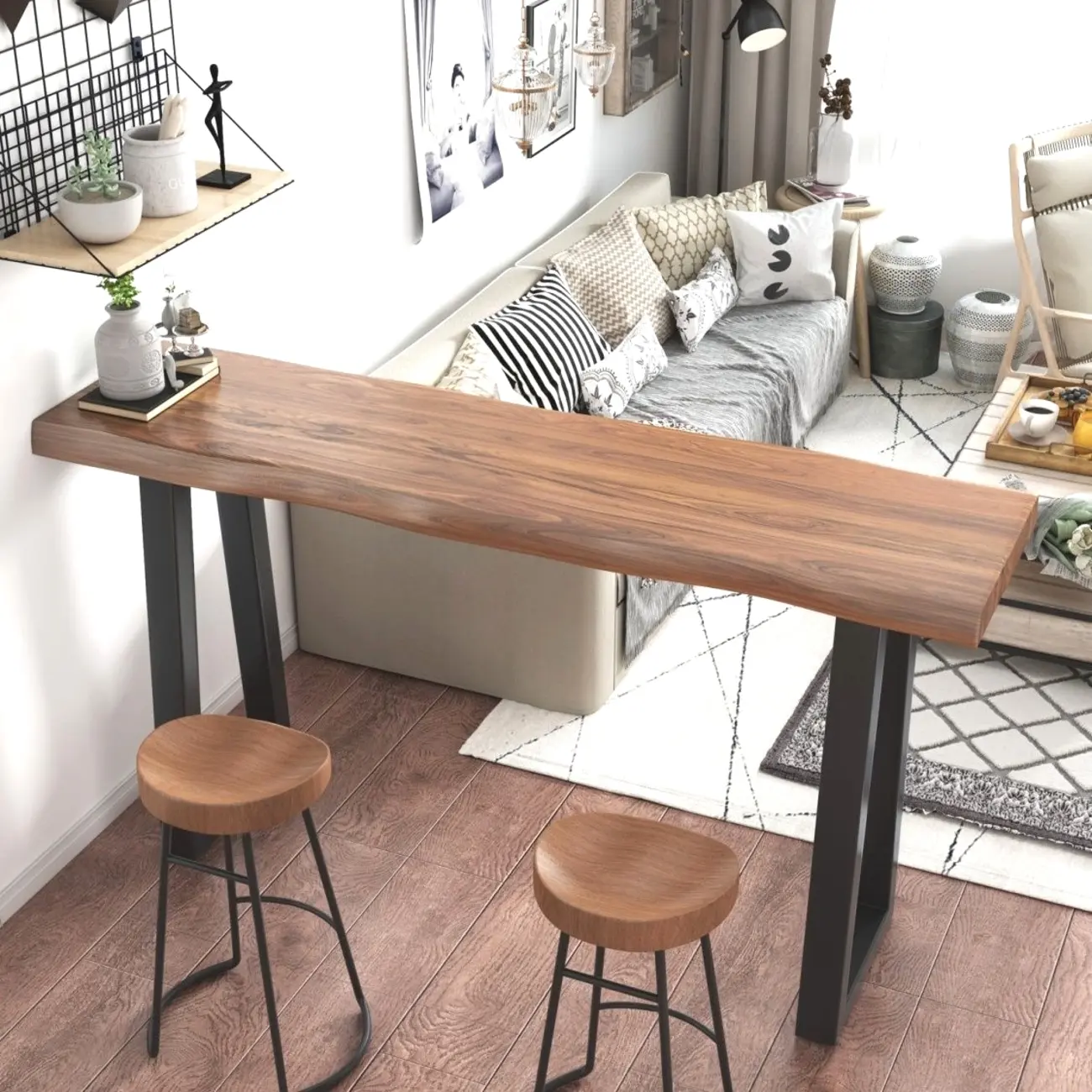 Scandinavian Natural Wood Sled Base Bar Tables