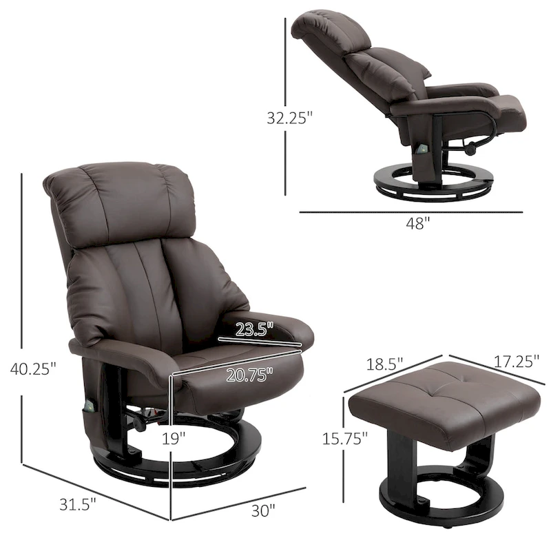 360 Swivel Massage Recliner Chair PU Leather Lounge Chair with 145 Recline, Footrest, Remote Control and Side Pocket