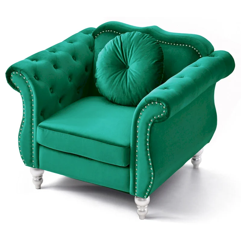 Hollywood Chesterfield Tufted Velvet Accent Chair with Round Throw Pillow - 39L x 35W x 34H