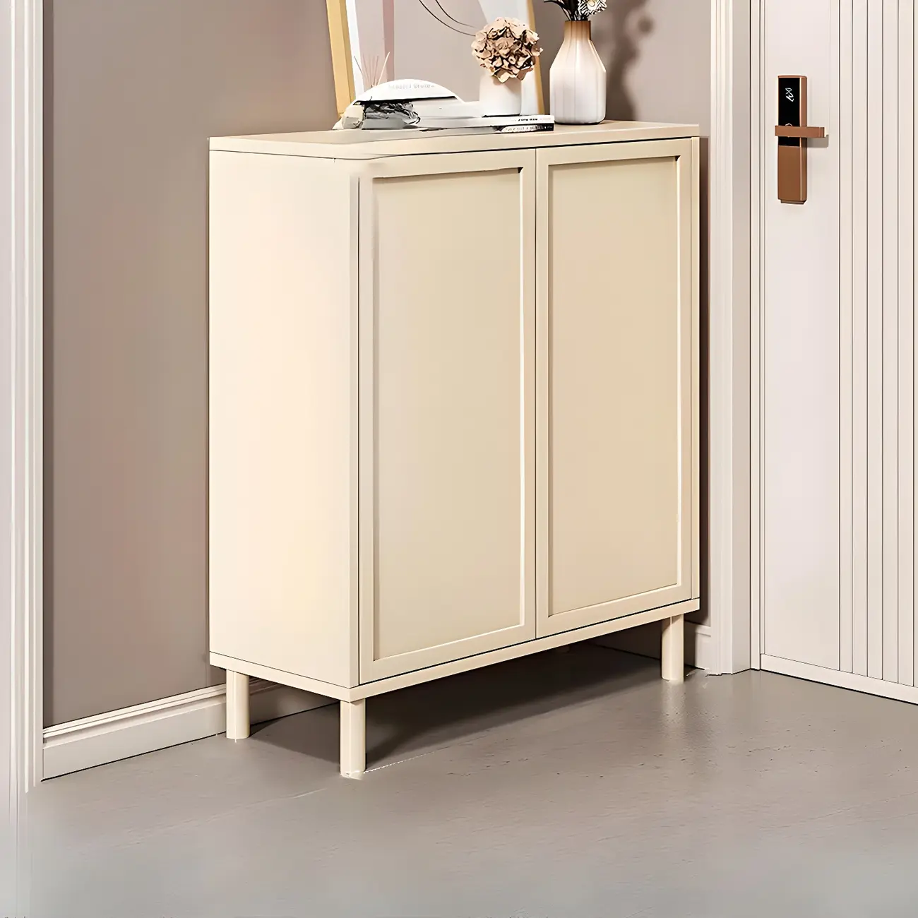 Cream White Wood Shoe Cabinet with Shoe Lattice