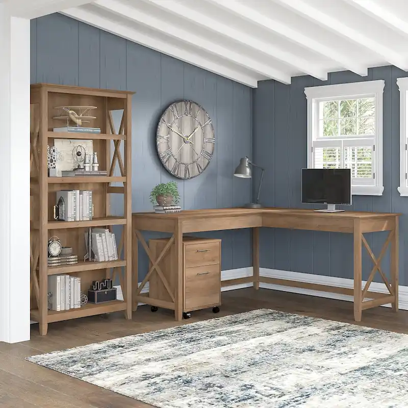 60W L Desk with File Cabinet and Bookcase