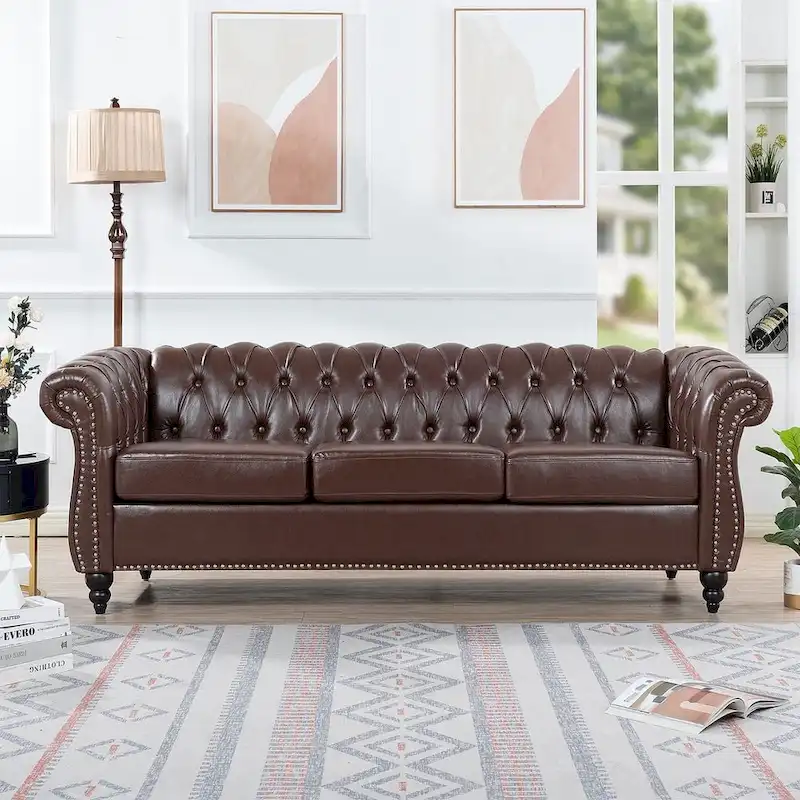 84.65 Chesterfield Tufted Faux Leather Sofa with Rolled Arms