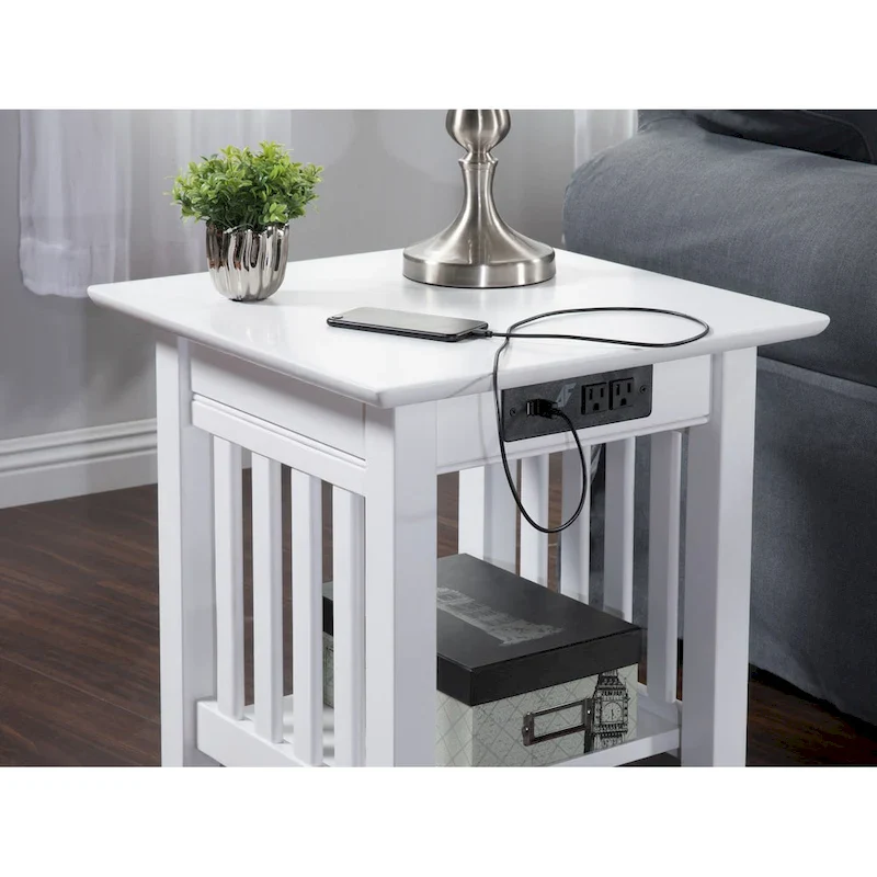 Mission End Table with Charging Station in White