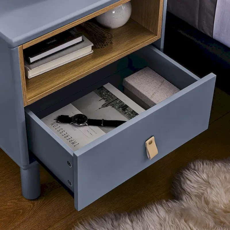 Nightstand - MDF & Solid Wood, 1 Drawer, Open Shelf, Leather Handles, 18.9W x 21.65H, Modern