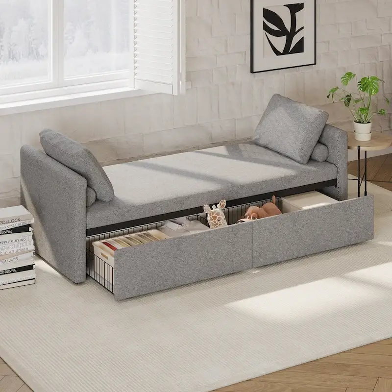 Modern Upholstered Chaise Lounger Daybed Small Single Daybed with 2 Drawers, No Mattress Needed