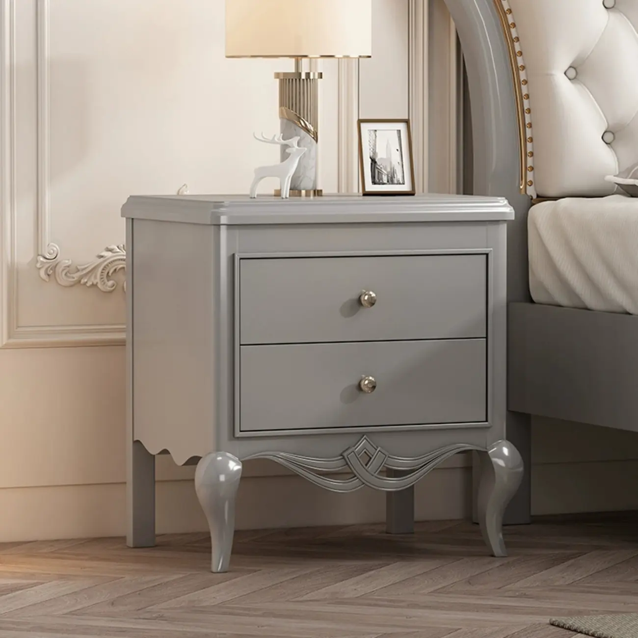 Glam Rubberwood White 2-Drawer Nightstand with Legs