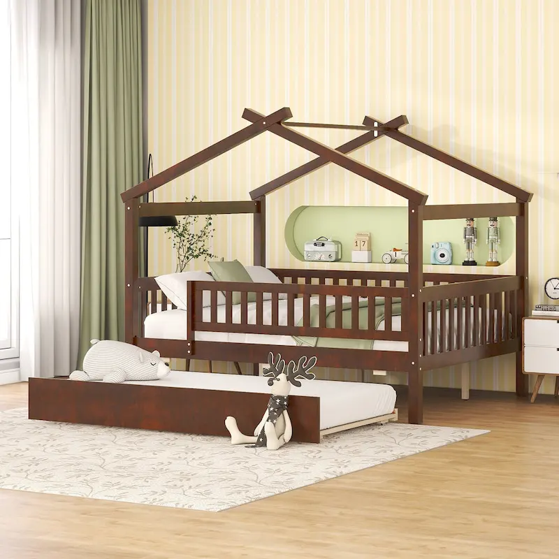 Full Pine House Bed with Twin Trundle