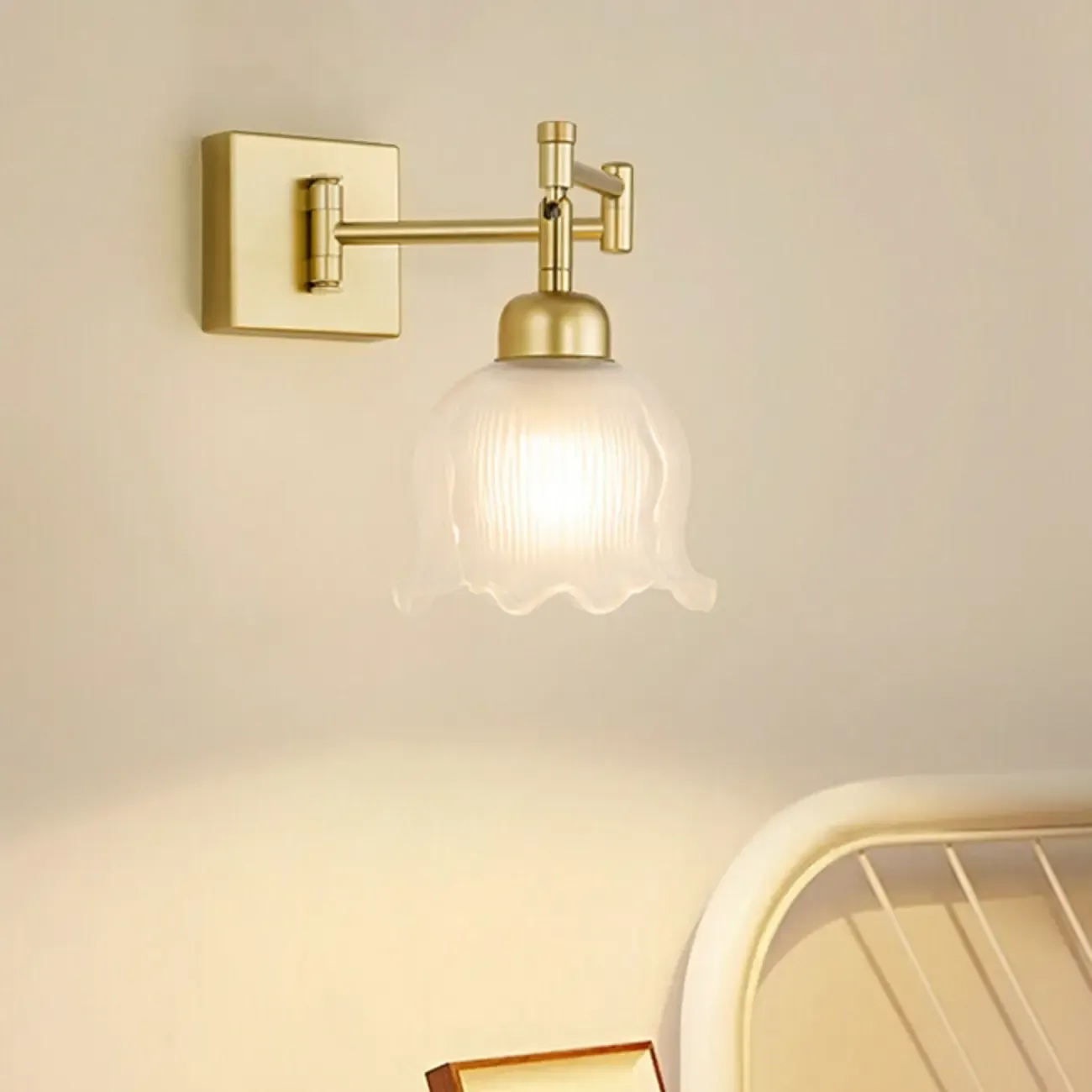 Gold Metal Floral Glass Shade Swing Arm Wall Light