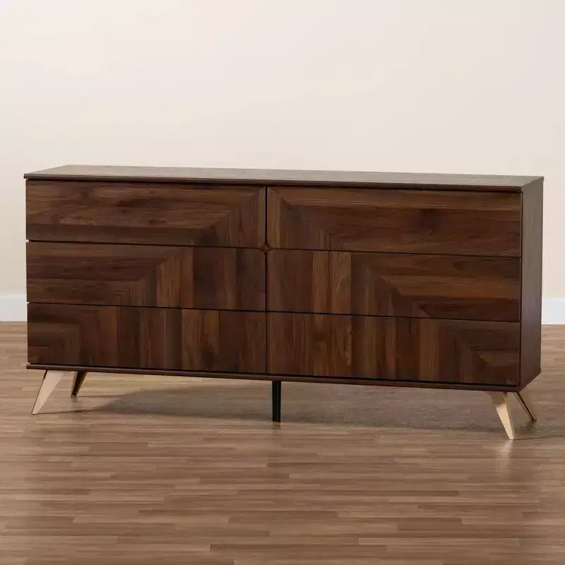 6-Drawer Mid-Century Dresser – Walnut Brown & Gold, Geometric Grain, Angled Legs