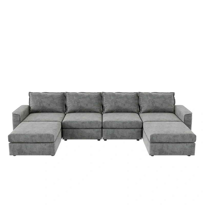 Grey 115 Convertible U-Shaped 6-Seat Modular Sectional Sofa with Ottoman, Customizable Fabric, and Tilting Armrests