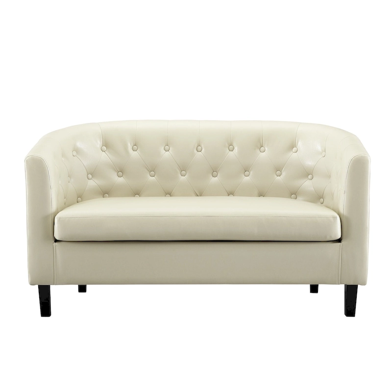 Midcentury Modern Button Tufted Faux Leather Barrel Loveseat - Comfy Tub Loveseat Sofa