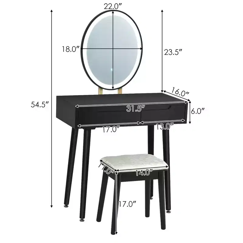 Costway Vanity Makeup Table Touch Screen 3 Lighting Modes Dressing Table Stool Set White\Black\ Gray