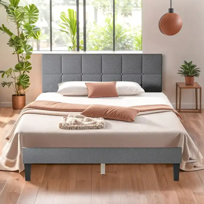 Linen Upholstered Platform Bed Wood Bed Frame with Headboard, No Box Spring Needed, Noise Free, T/F/Q Size