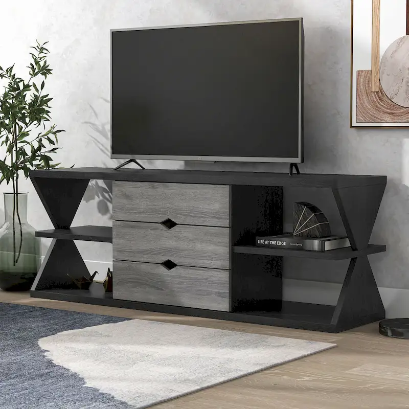 Ayala Modern Black and Distressed Grey 60-inch 4-Shelf TV Console with 3-Drawer