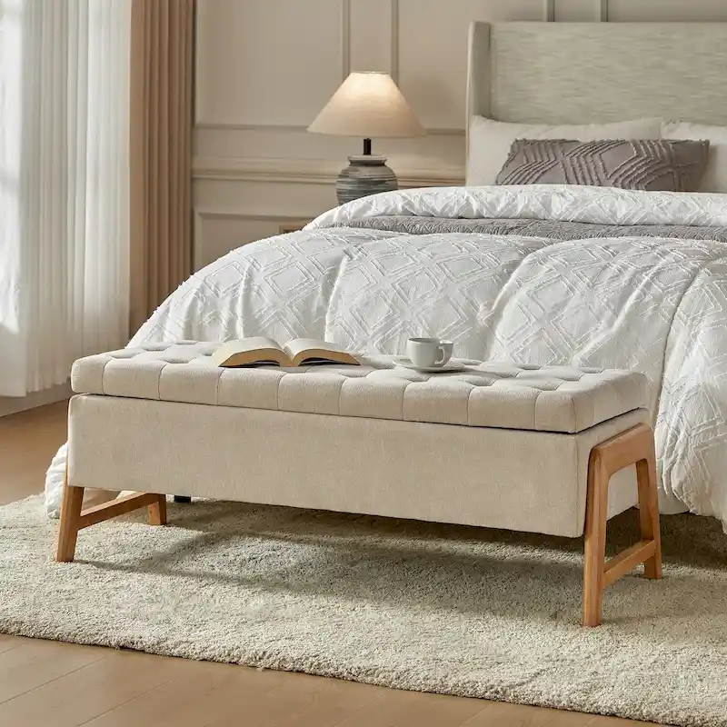 Rita Mid-century Modern Upholstered Storage Bench with Tufted Seat and Solid Wood Leg by HULALA HOME