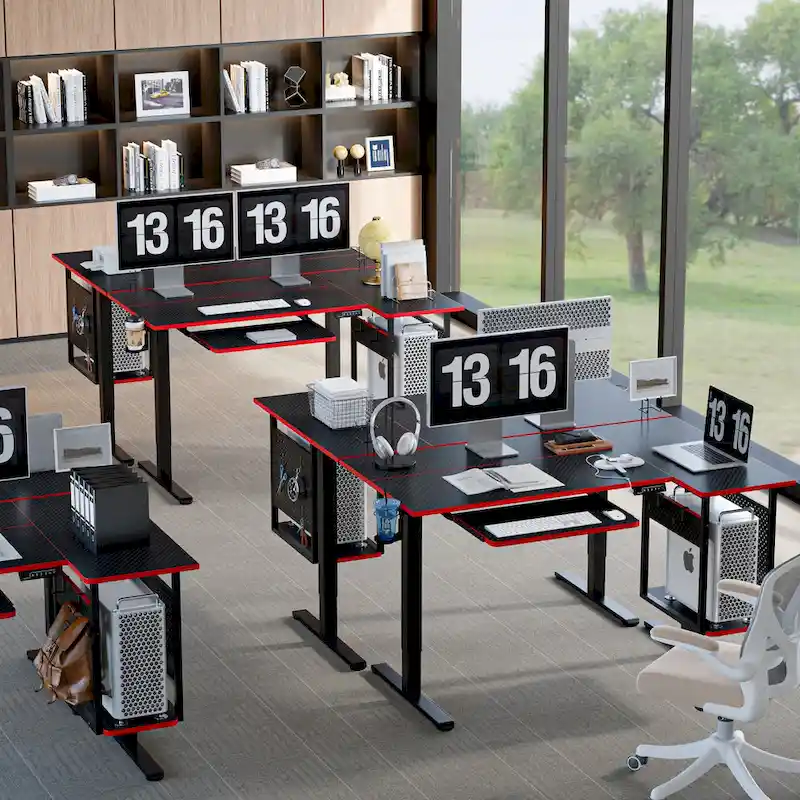 57 inch Electric Standing Desk Adjustable Height L Shaped Desk with Keyboard Tray and Host Shelf