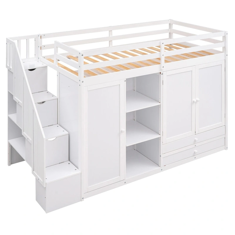 White Pine Wood Twin Loft Bed, Shelves, Wardrobes, Drawers, Ladder with Storage