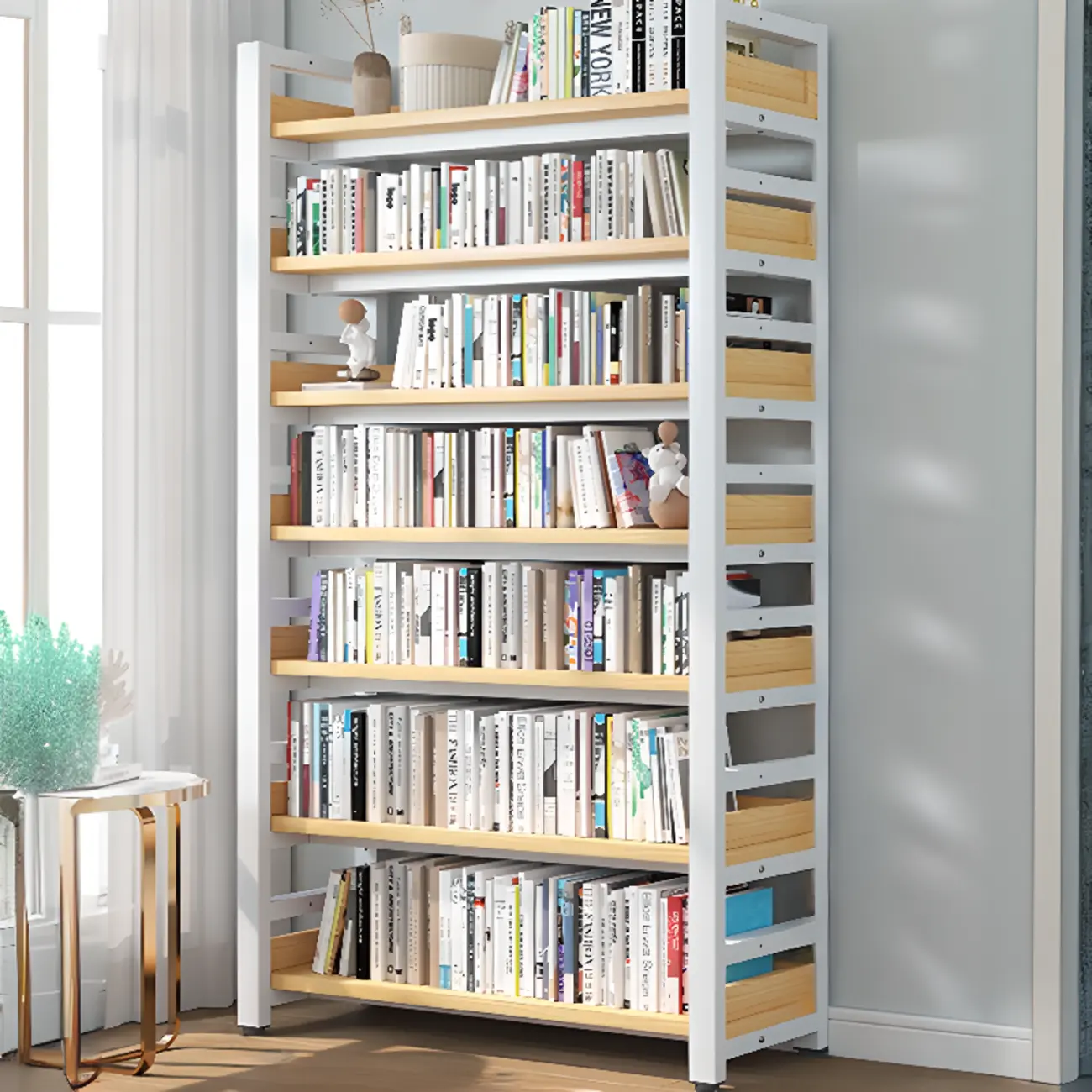 Freestanding Simple Multi-Layer Wood Bookshelf in Steel Frame