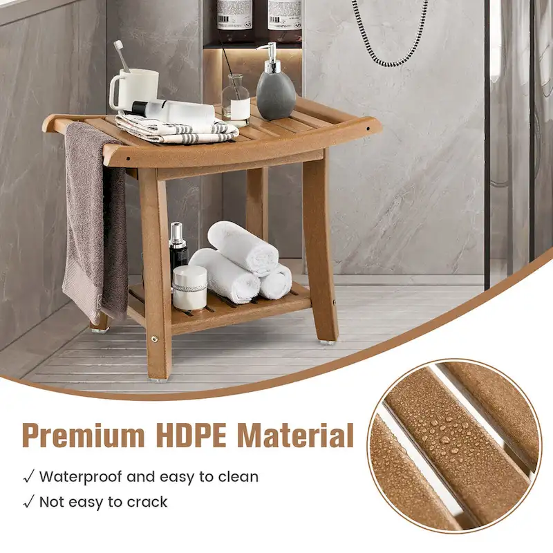2-Tier Shower Bench with Storage Shelf – Brown / White, HDPE, Single
