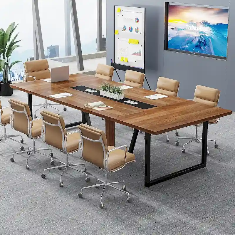 Large Rectangular Conference Table with Cable Management – Brown / Grey, Seats 8–10