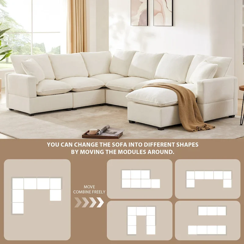 U Shape Modular Sofa, 7 Seat Chenille Sectional Upholstered Couch Set