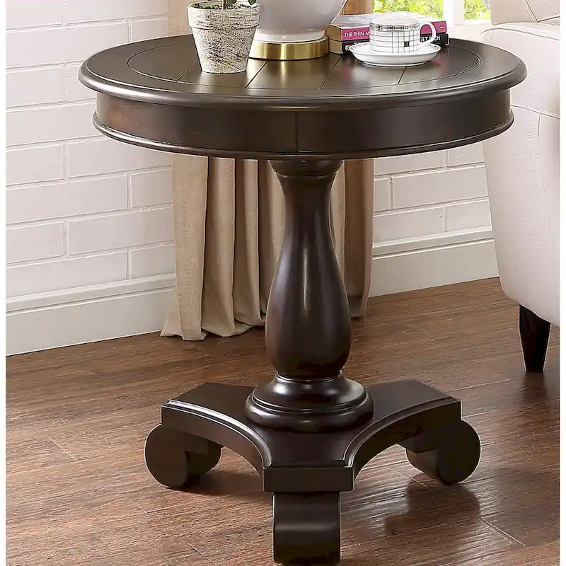 Rene Round Wood Pedestal End Table with Scrolled Legs