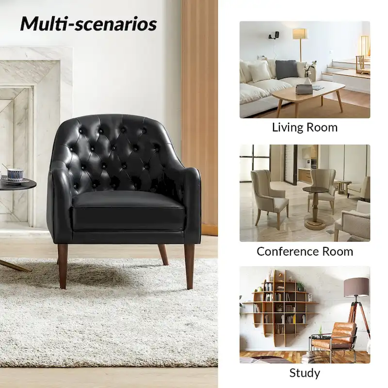 Melisa Classic Genuine Leather Wood Legs Barrel Chair With Tufted Back By HULALA HOME