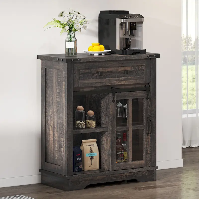 Farmhouse Coffee Bar Cabinet with Sliding Barn Door and Wine Glass Holder