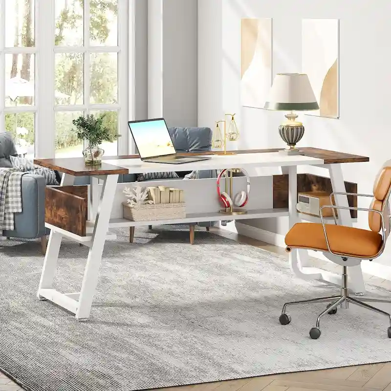 63 Inches Large Executive Desk with Bottom Shelves