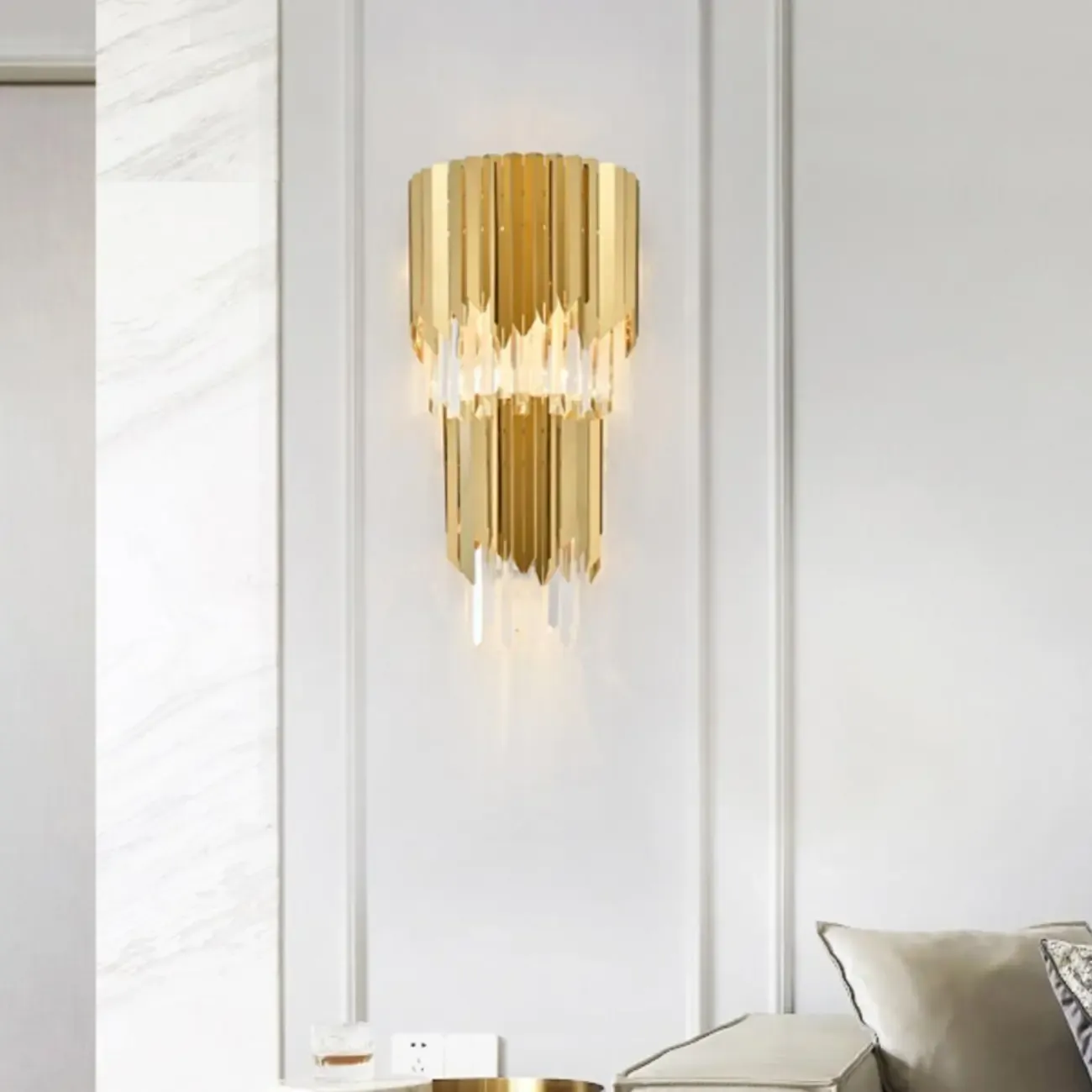 Modern Crystal Gold Metal Tassel Tiered Shining Wall Sconce