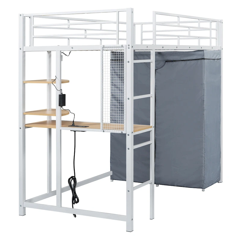 Twin Metal Loft Bed with Built-in Desk, Wardrobe & Power Outlet - 350LB Capacity