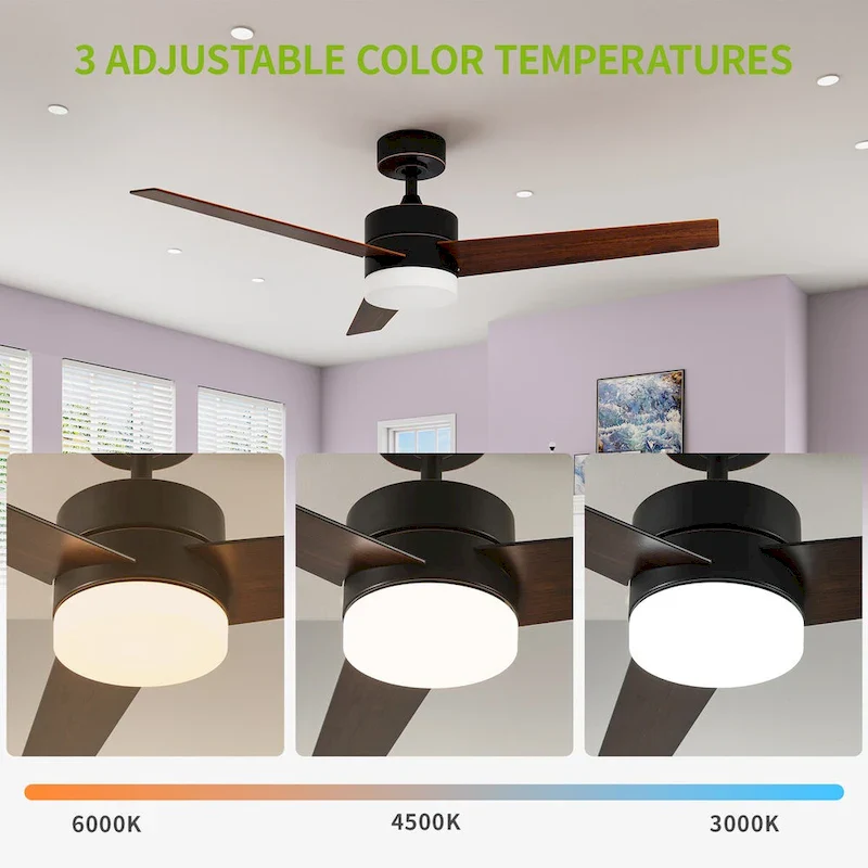 Modern Ceiling Fan with Adjustable LED Light and Remote Control, with 3 Blades - 52