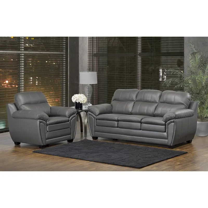 Marcus Premium Grey Top Grain Leather Sofa and Chair Set