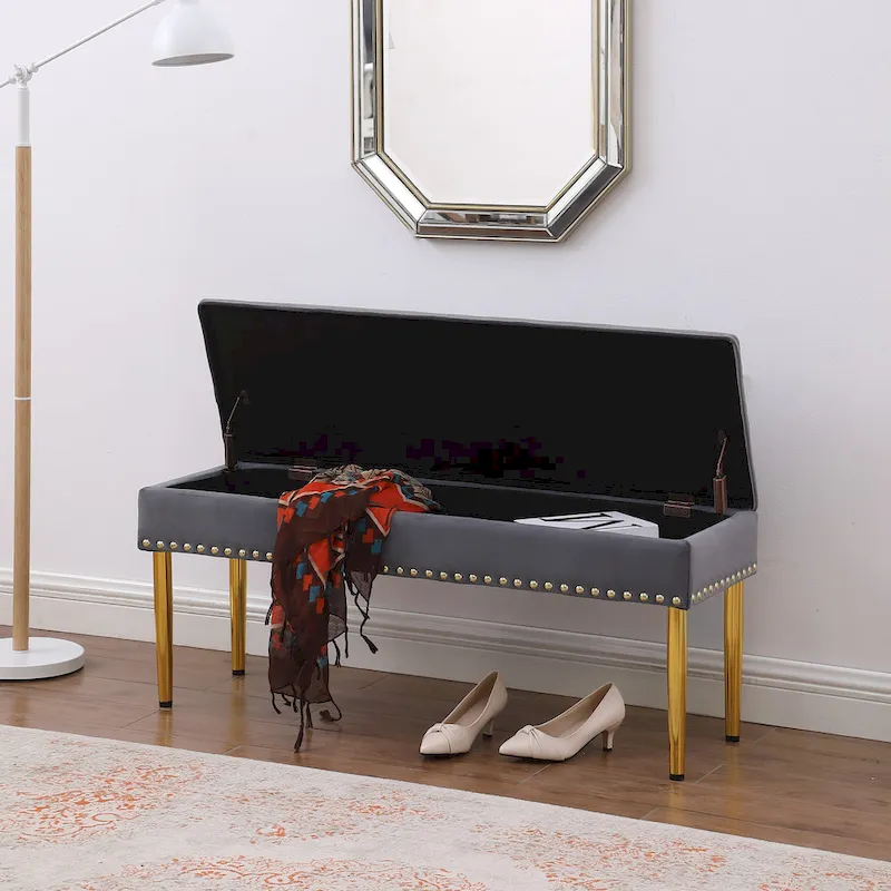 2 in 1 Combination Tufted Velvet Benches Set with Gold Leg and Nailhead Trim