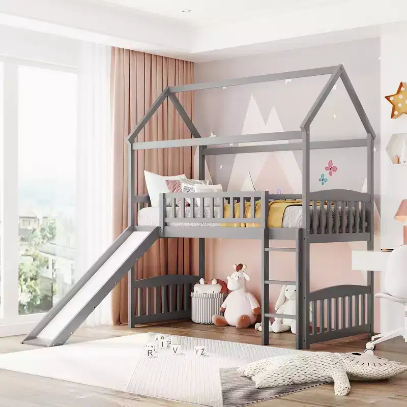 Twin House Loft Bed with Slide, Wood Playhouse Loft Bed Frame with Ladder and Roof