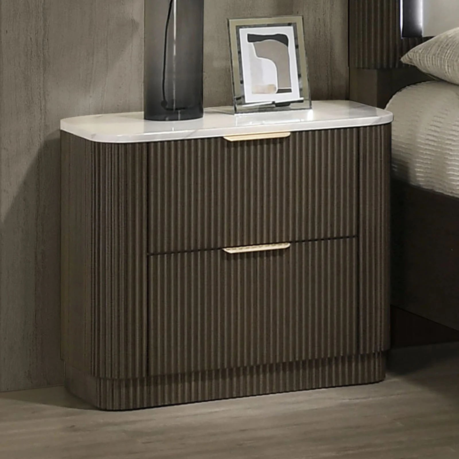 Contemporary Reeded Marble Top Two Drawer Nightstand with Plinth Base