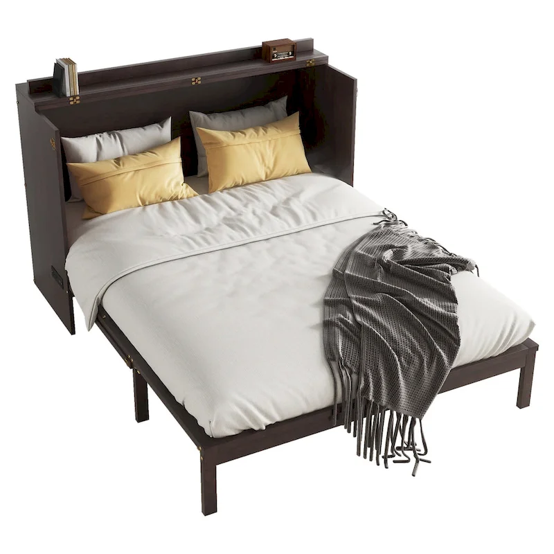 Folding Murphy Bed Pine Wood Cabinet Bed Queen Size Cube Cabinet Bed with Power Station, Drawer and Rattan Decoration Panel