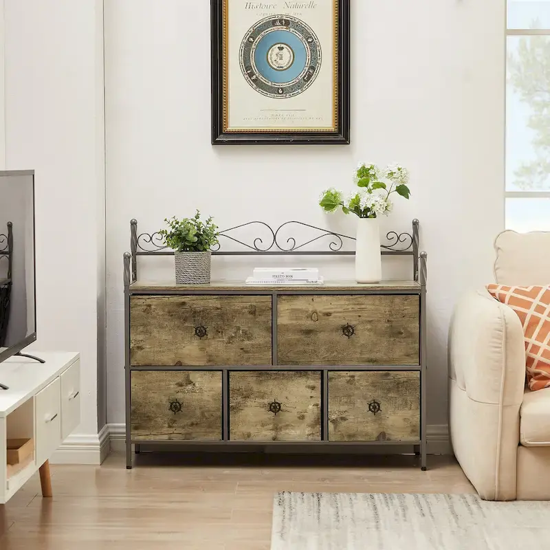 4-Pieces Bedroom Set with Drawer and Nightstands Set of 2, 5-Drawer Dresser, Brown/Grey Set