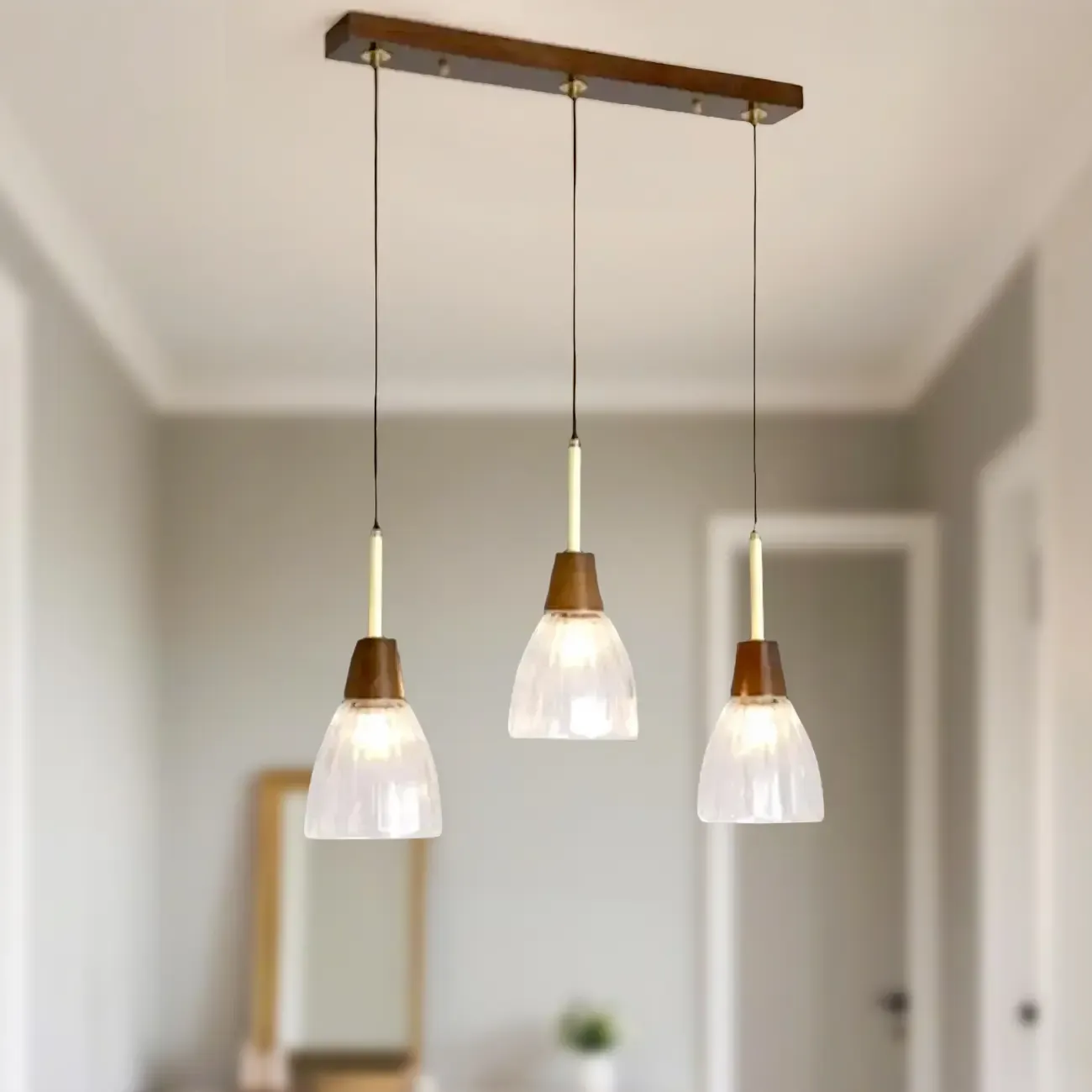 Modern Glass Dome Island Pendant Light in Walnut