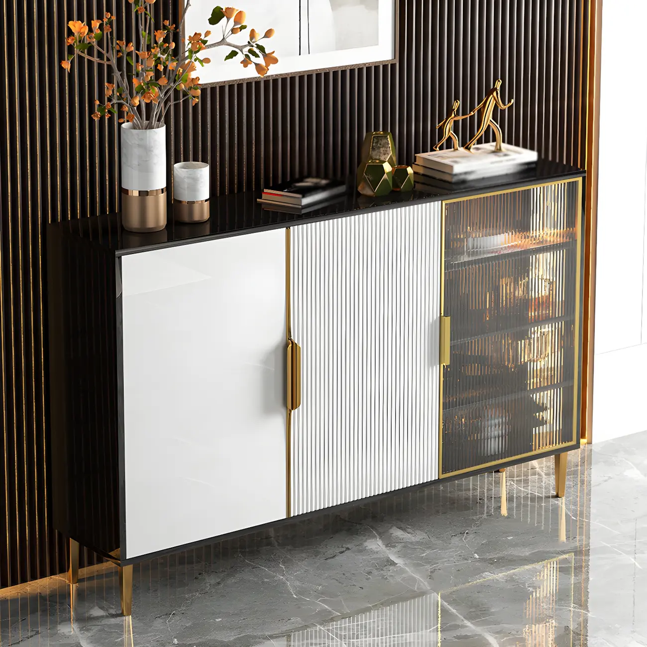 Glam High Gloss Wooden Buffet Sideboard with Cabinets