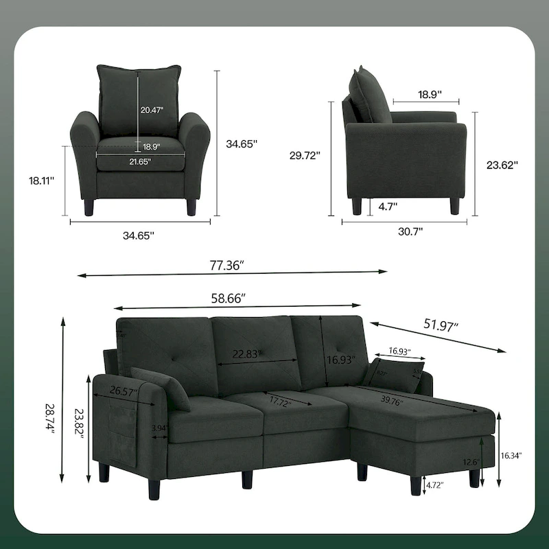 3-Pieces Sectional Sofa Set with Ottoman and Chair